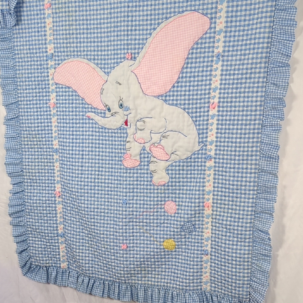 VINTAGE Disney Dumbo Handstitched Blue Check Quilt Blanket Playmat